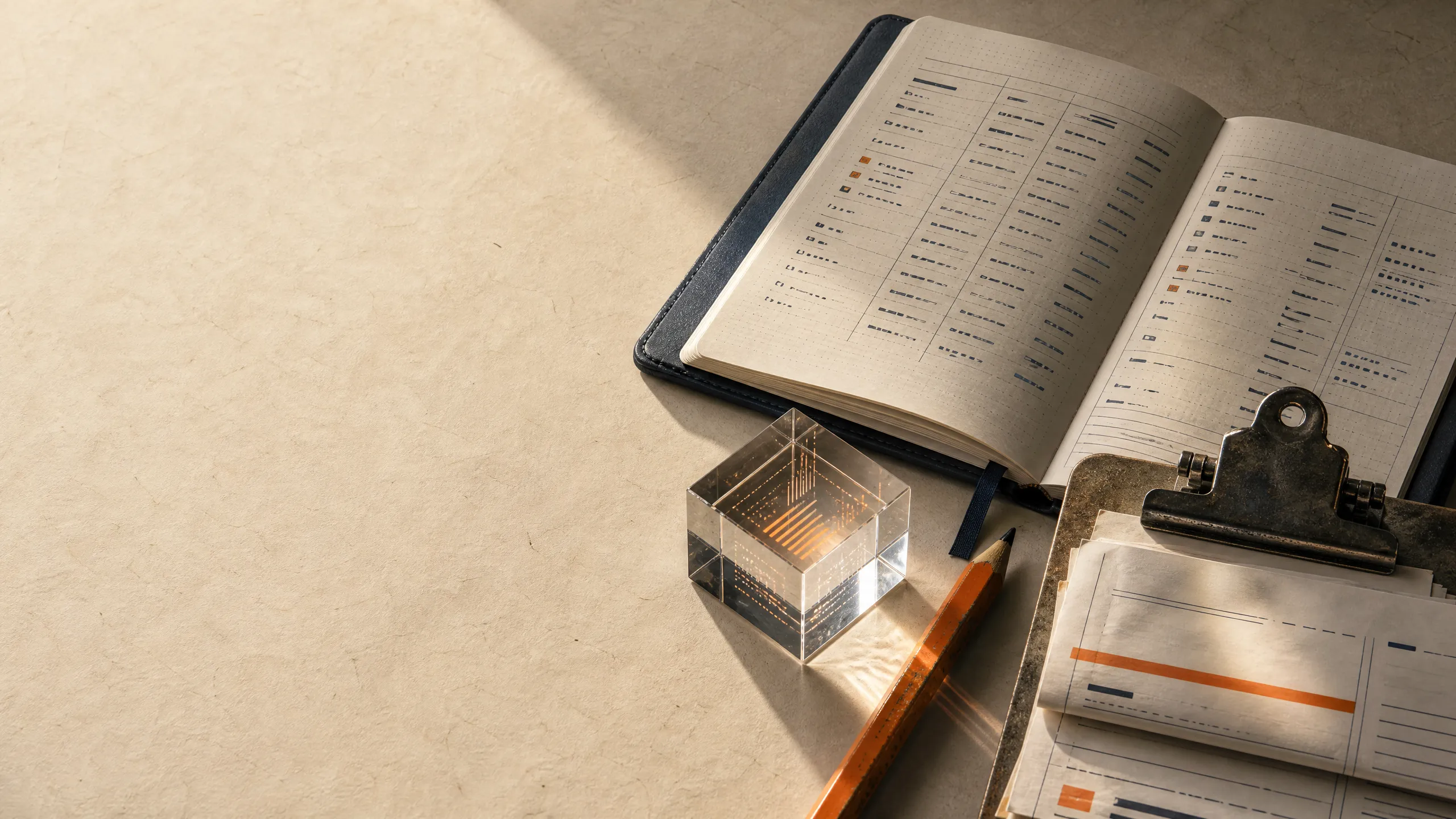A research desk holding field-service records, printed source pages, and an orange pencil