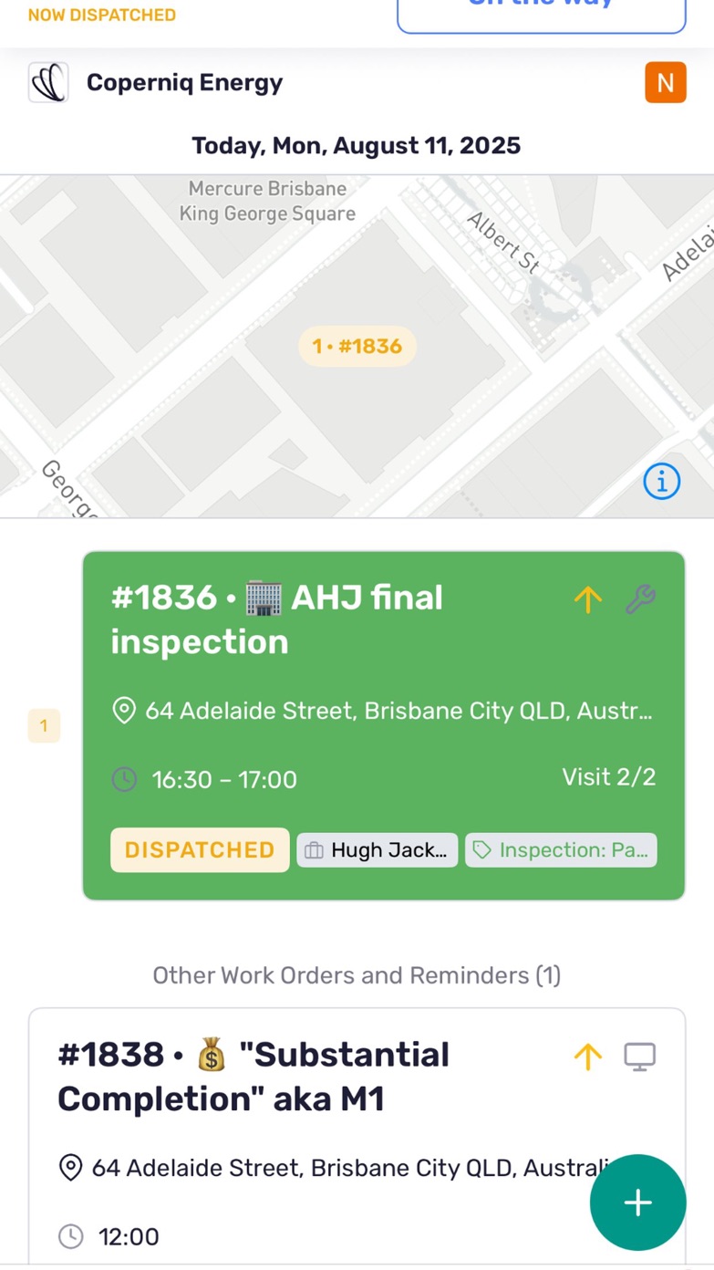 Coperniq App Store screenshot showing a map and dispatched work-order cards