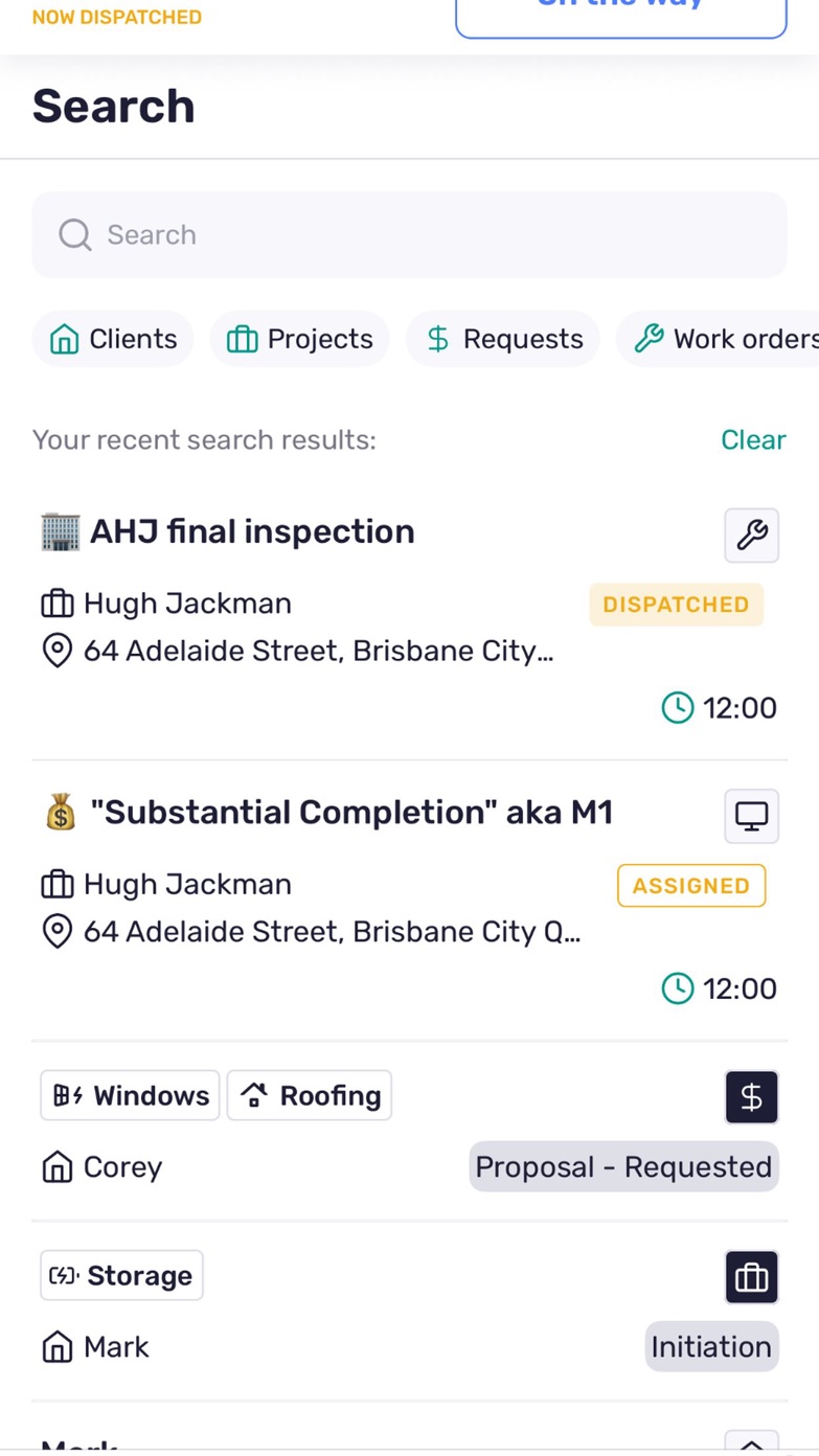 Coperniq App Store screenshot showing search filters and recent job results