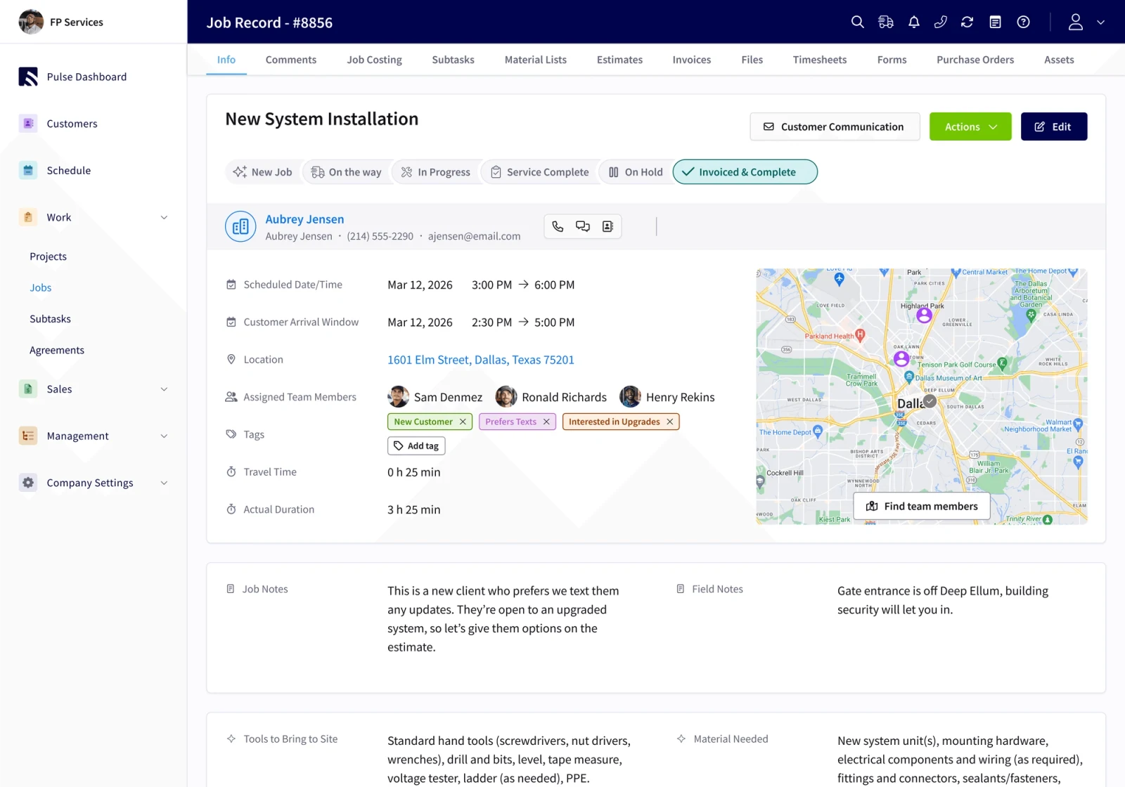 Official FieldPulse Job Record screenshot showing a New System Installation, workflow status, customer details, assigned technicians, schedule, map, notes, and material requirements