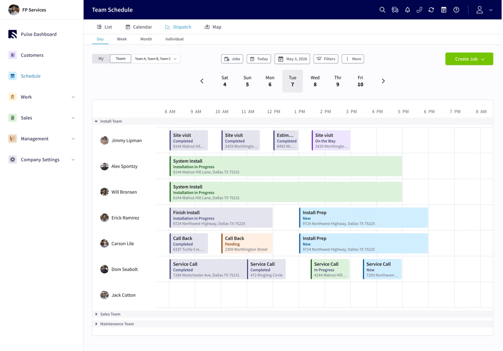 Official FieldPulse Team Schedule screenshot showing a daily dispatch grid with technicians, time slots, color-coded jobs, job statuses, and addresses