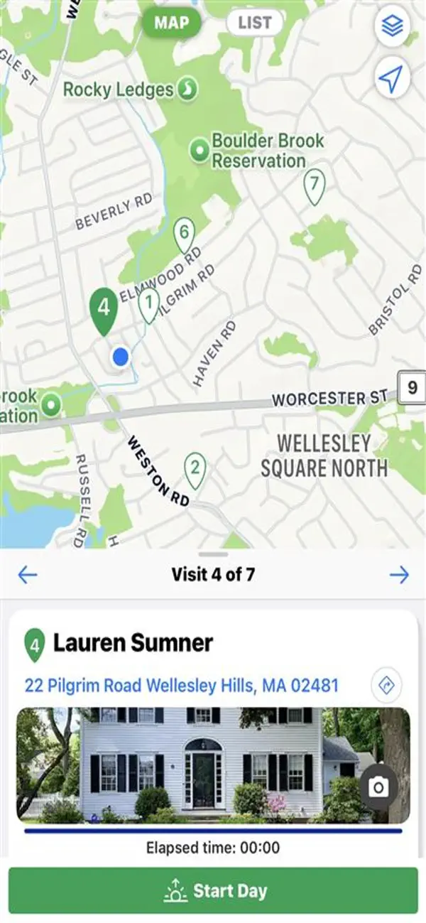 Official SA Team mobile screenshot showing a seven-stop route map, the fourth customer's address and property photo, elapsed time, directions control, and a Start Day button