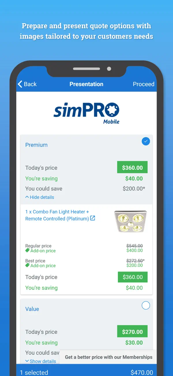 Official Simpro Mobile App Store screenshot showing premium and value quote options with product images, regular, add-on, best, and current prices, savings, and a selection control