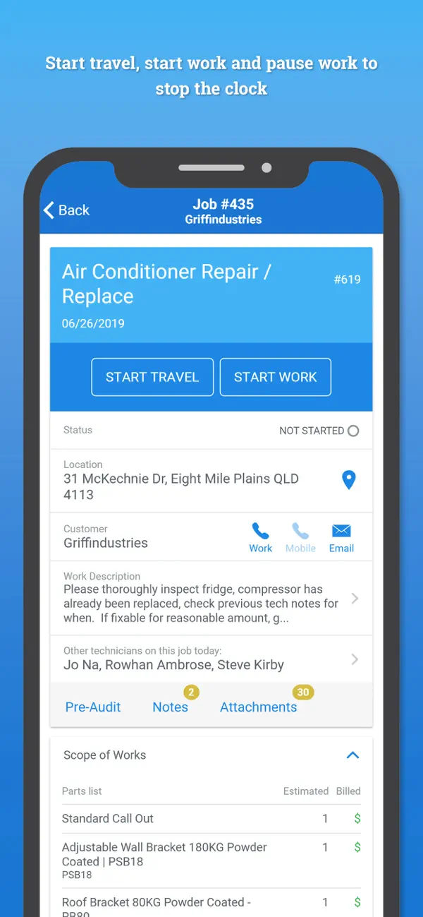 Official Simpro Mobile App Store screenshot showing an active repair job with Start Travel and Start Work controls, location, customer contacts, description, technicians, notes, attachments, and scope of work