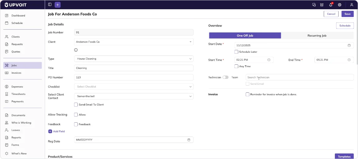 Frame from Upvoit's public job scheduling recording showing customer, job type, checklist, scheduling, technician assignment, tracking, feedback, and invoice reminder fields