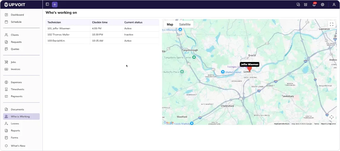 Frame from Upvoit's public technician tracking recording showing three technicians, clock-in times, activity status, and a live Google map position