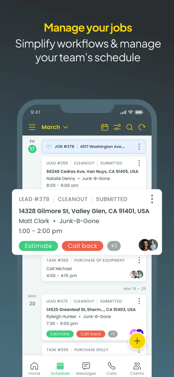 Official Workiz App Store screenshot showing a team schedule with jobs, leads, tasks, addresses, appointment times, assigned staff, and estimate and callback actions
